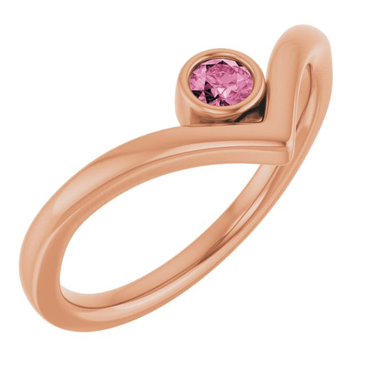 14K Rose Natural Pink Tourmaline Bezel-Set V Ring