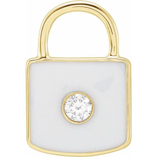 14K Yellow .035 CT Natural Diamond & White Enamel Lock Charm/Pendant 688834600P