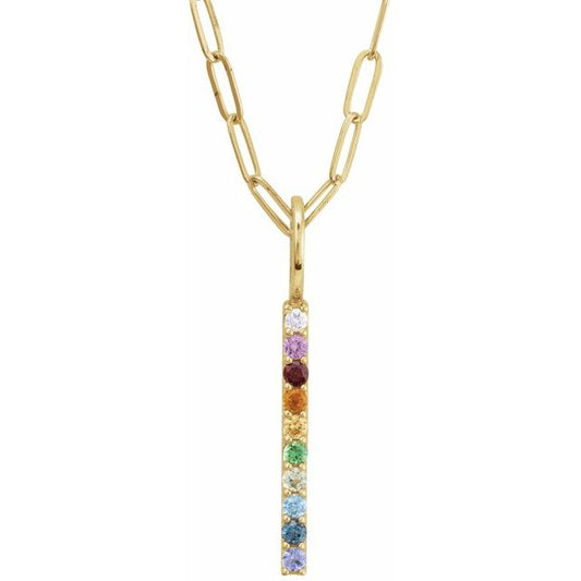 14K Yellow Natural Multi-Gemstone Rainbow Bar 18" Necklace