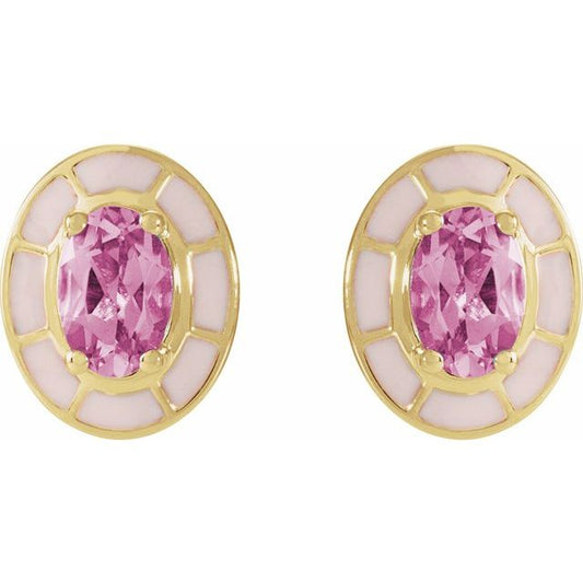 Natural Pink Tourmaline & Pink Enamel Stud Earrings