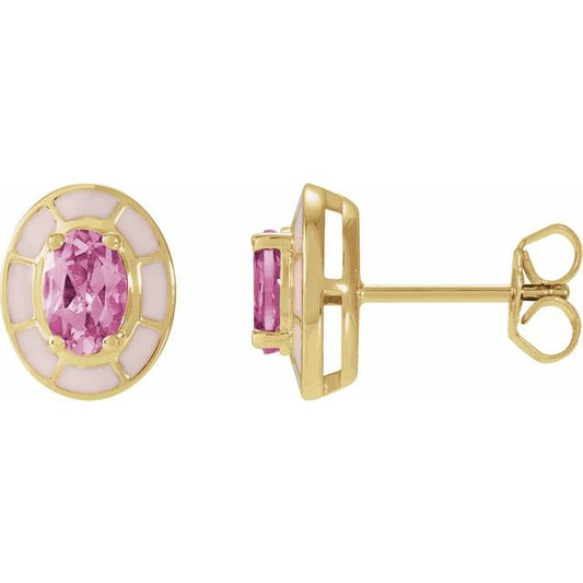 14K Yellow Natural Pink Tourmaline & Pink Enamel Stud Earrings