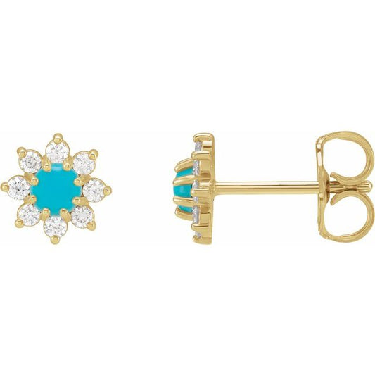 14K Yellow Natural Turquoise & 1/8 CTW Natural Diamond Flower Earrings 88035111P