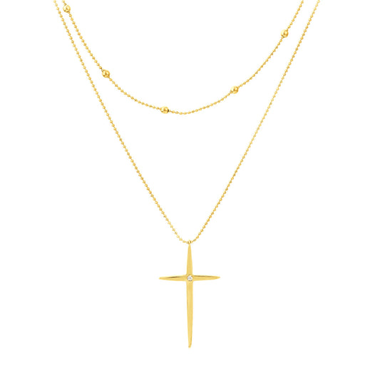 Bead and 1pt Diamond Cross Duo Necklace