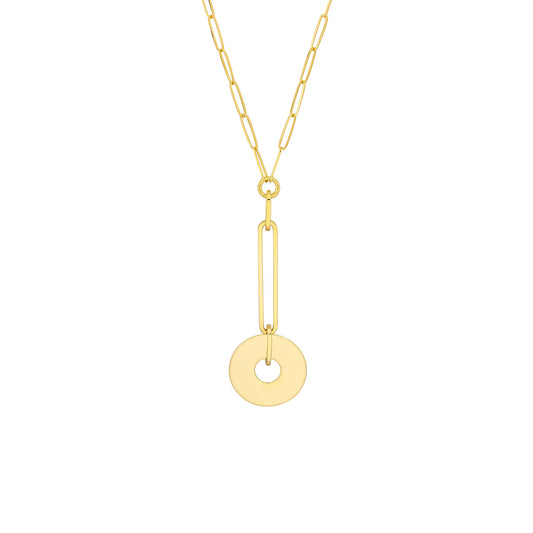 Paper Clip Chain Y-Necklace with Disc Drop