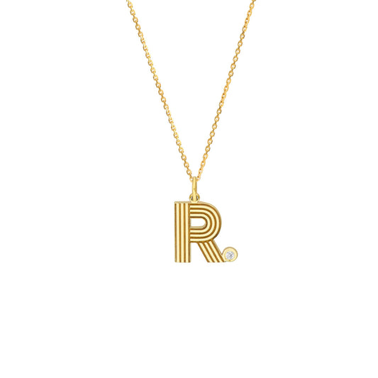 Block Lined Initial 'R' with Diamond Necklace