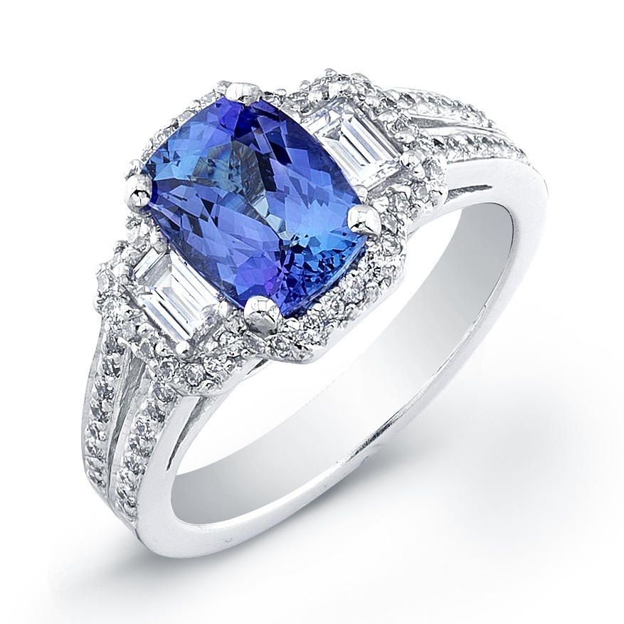 Double Wire Cushion Tanzanite with Baguettes Colored Stone Ring